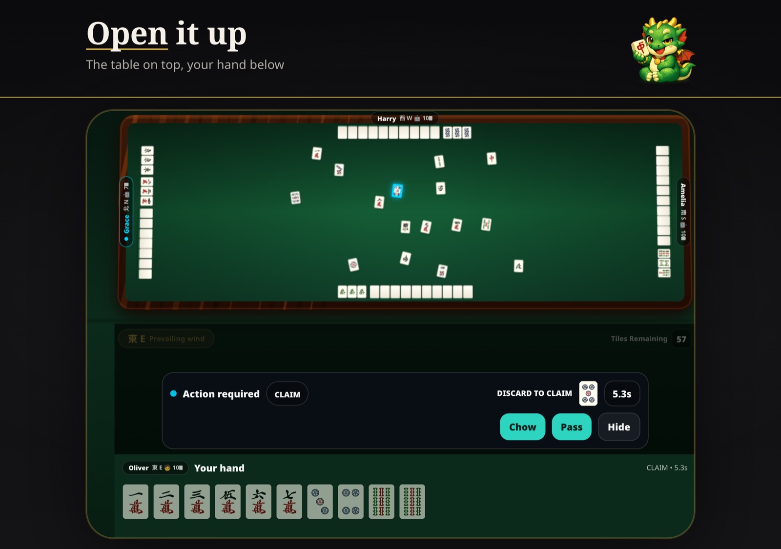 Hong Kong Mahjong on iPhone Duo, half open: the mahjong table on the upper screen, the call prompt and the player's hand on the lower screen